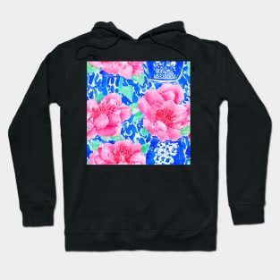 Chinoiserie and peonies on blue background watercolor Hoodie